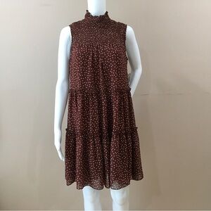 TAYLOR Womens 8P Brown Polka Dot Tiered Swing Mini Dress  Sleeveless Mock Neck